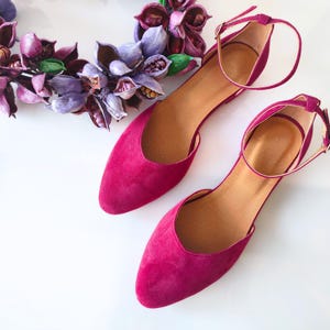 Hot Pink Wedding Pumps, Ankle Strap Closure, Fuchsia Flats for Women, Brides Gown Shoes, Celebration Dance Low Heel Shoes, Bridesmaids Shoes