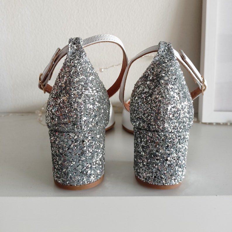 Silver Glitter Block Heel Wedding Shoes White Leather Pumps - Etsy