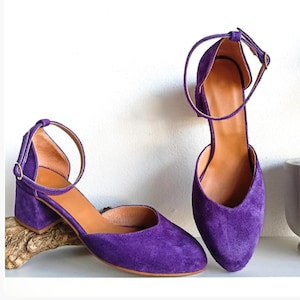 Purple Suede Pumps, Ballerinas Pumps With Ankle Strap, Purple Leather Color, V Cut Pointy Toe, Block Heel Shoes, Women's Closed-toe Sandals