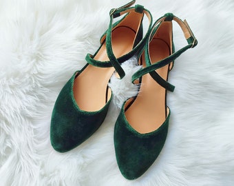 Romantic Marriage, Special Events Green Pumps, Hand-made Velvet Shoes, Forest Green Wedding Flats, Cross Front Ankle Closure Ballerinas
