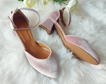 Dusty Rose Heels For Bride, Blush Velvet Women Bridal Shoes, Velvet Heels, Medium Heel Shoes With Ankle Strap, Women's Closed Wrap Sandal