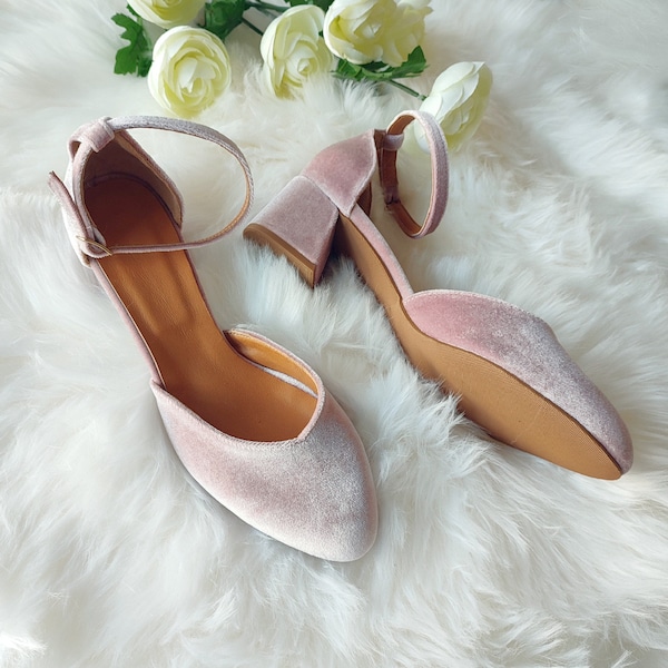 Dusty Rose Heels For Bride, Blush Velvet Women Bridal Shoes, Velvet Heels, Medium Heel Shoes With Ankle Strap, Women's Closed Wrap Sandal