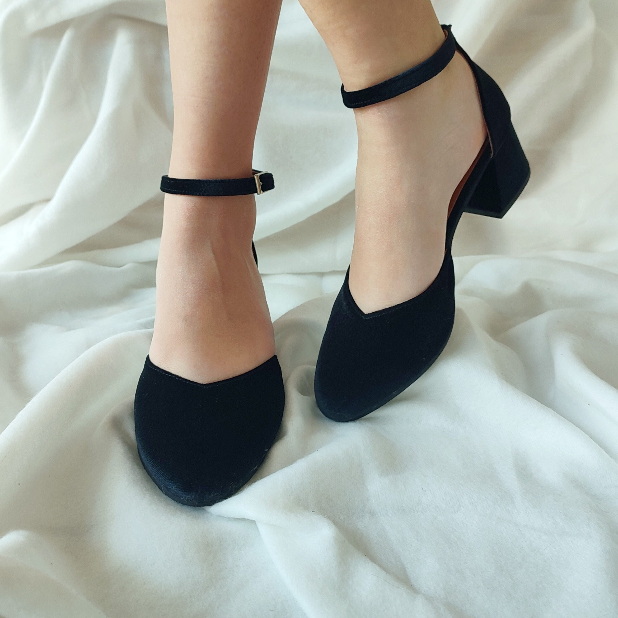 Black velvet block heels sales