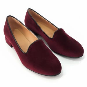 Damen Samt Loafers, Elegante Slip-On Schuhe, Abgerundete Kappe, Total Schwarze Flache Schuhe, Handgemachte Moderne Büro Schuhe, Schwarze Kleid Schuhe Burgundy
