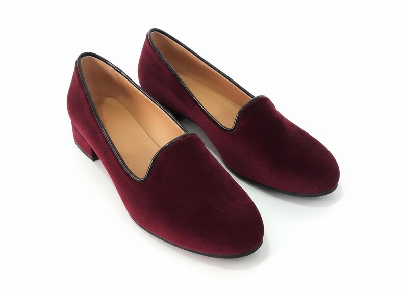 Damen Samt Loafers, Elegante Slip-On Schuhe, Abgerundete Kappe, Total Schwarze Flache Schuhe, Handgemachte Moderne Büro Schuhe, Schwarze Kleid Schuhe Burgundy