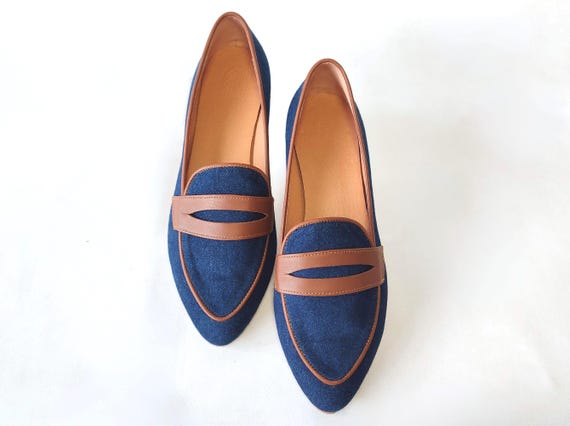 Women's Casual Loafers, Dark Blue Denim With Brown Leather Trim, Comfy Pointed Toe Flats, Elegant Slip-on Moccasins, Versatile Fashion Shoes