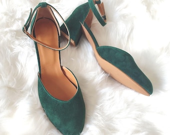Coloured Wedding Block Heels, Bridal Ankle Strap Shoes, Green Dress Shoes, Suede Leather, Wedding Shoes For Flower Girls, Women&#39;s Mid Heels
