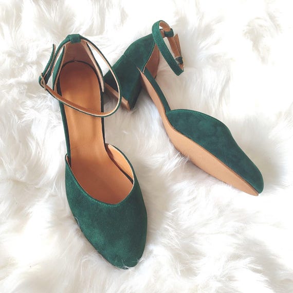 Coloured Wedding Block Heels, Bridal Ankle Strap Shoes, Green Dress Shoes, Suede Leather, Wedding Shoes For Flower Girls, Women's Mid Heels