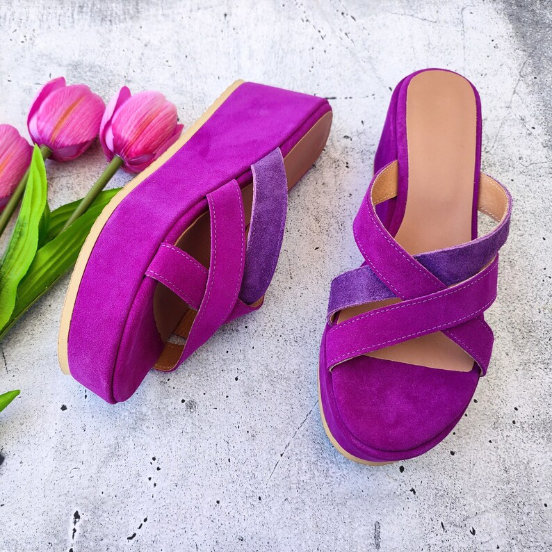 Women's Slip-On High Heel Wedges, Purple Leather Wedges, Suede Platform Sandals, Made in Greece, Cross-front Fashion Heels, Chunky Shoes image 5