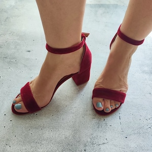Merlot Velvet Block Heels, Strappy Sandals for Brides, Dark Red Ankle Closure Sandals, Wedding Shoes Red, 6cm High Velvet Heeled Sandals