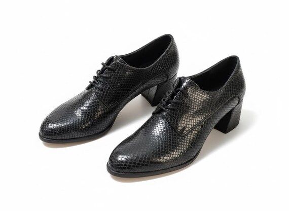 Vintage Style Block Heel Oxfords, Womens Pointed Toe Pumps, Formal Leather Shoes, Snakeskin Leather Shoes, Stylish Lace Up Oxfords Shoes