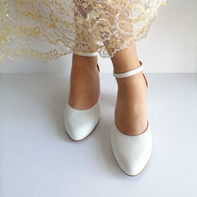 Low Block Heel Wedding Shoes, White Leather Pumps, Closed Toe Heels, Bridal Shoes, Ankle Wrap Heels, Wedding Pumps, Shoes Women Leather image 2