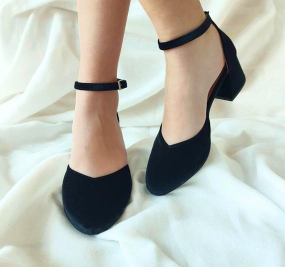 Buy Black Velvet Heels Mid Block Heeled Shoes Single Ankle Strap Closure Black Luxurious Pumps Special Event Shoes Timeless Design Online in India Etsy