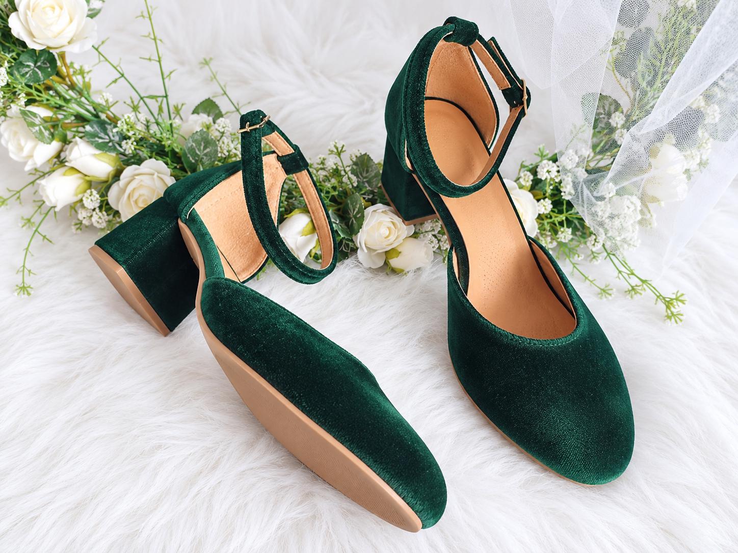 green dress heels Velvet Wedding Reception Heels, Velvet Ankle Strap Block Heel Pumps, Closed-toe Custom Shoes Women, Mid Heeled Pumps for Bride gold heels with green dress