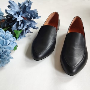 Women&#39;s Shoes, Black Leather Moccasins, Short Heel Minimal Loafers, Soft Leather Slip-ons, Modern Design Pointy-toe Shoes, Urban Style