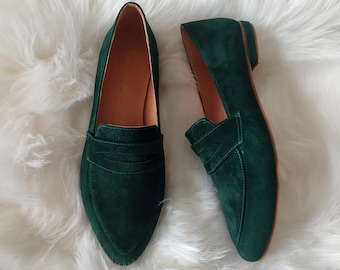Buy Green Suede Shoes, Slip-on Moccasins, Fashionable Pointy Toe