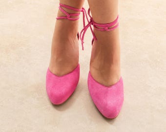 Tie-up Block Heels, Leather Cord Ankle Loop Closing, Trending Hot Pink Suede Shoes, Ladies' Closed-toe Mid Heeled Sandals in Bright Pink