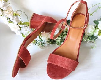 Summer Wedding Heel Bride, Ankle Strap Block Heel, Romantic Rust Strappy Sandals, Party Shoes, Rust Suede Sandals, Stylish Bridesmaids Shoes