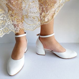 Low Block Heel Wedding Shoes, White Leather Pumps, Closed Toe Heels, Bridal Shoes, Ankle Wrap Heels, Wedding Pumps, Shoes Women Leather image 8