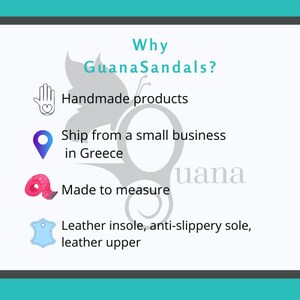 K&ouml;nnte beinhalten: Warum GuanaSandals? Eine Grafik mit vier Symbolen und Text, der die Vorteile des Kaufs von Sandalen in diesem Shop beschreibt. Die Symbole sind eine Hand mit einem Herzen, eine Standortnadel, ein Ma&szlig;band und ein St&uuml;ck Leder. Der Text lautet "Handgefertigte Produkte", "Versand von einem kleinen Unternehmen in Griechenland", "Ma&szlig;gefertigt" und "Lederinnensohle, rutschfeste Sohle, Leder-Obermaterial".