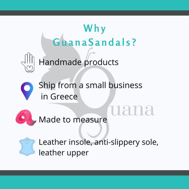 K&ouml;nnte beinhalten: Warum GuanaSandals? Eine Grafik mit vier Symbolen und Text, der die Vorteile des Kaufs von Sandalen in diesem Shop beschreibt. Die Symbole sind eine Hand mit einem Herzen, eine Standortnadel, ein Ma&szlig;band und ein St&uuml;ck Leder. Der Text lautet "Handgefertigte Produkte", "Versand von einem kleinen Unternehmen in Griechenland", "Ma&szlig;gefertigt" und "Lederinnensohle, rutschfeste Sohle, Leder-Obermaterial".