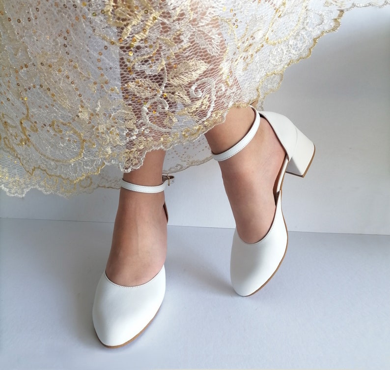 Low Block Heel Wedding Shoes, White Leather Pumps, Closed Toe Heels, Bridal Shoes, Ankle Wrap Heels, Wedding Pumps, Shoes Women Leather image 1