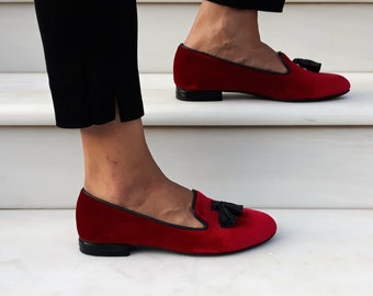 Velvet Shoes, Slip On Casual Loafers, Stylish Moccasins In Cherry Red Color