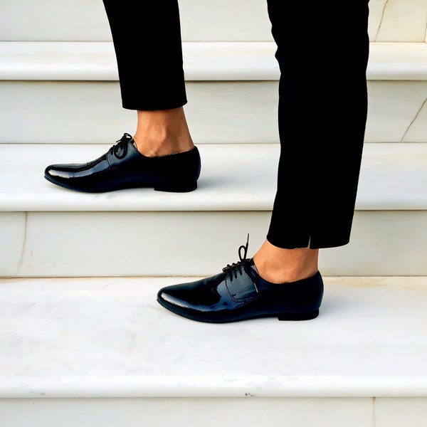 Oxford Leather Shoes In Black Color, Handmade Women Shoes, Flat Shoes, Tie Shoes