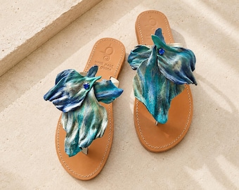 T-Strap Leather Petal Sandals, Hand Sculpted Floral Design, Greek Wearable Art for Summer
