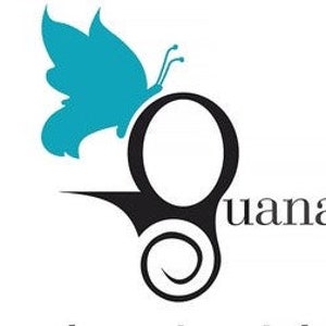 May include: A black and white butterfly with a teal body is perched on a black stylized letter 'G' with the word 'guana' in white text.