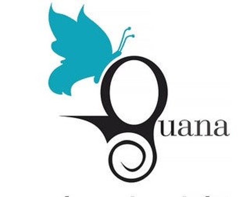 May include: A black and white butterfly with a teal body is perched on a black stylized letter 'G' with the word 'guana' in white text.