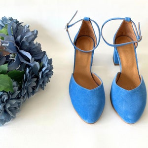 Blue Leather Shoes, Handmade Women's Pumps, Wedding Pointed Toe Shoes, Ankle Strap Pumps For Women, Adorable Light Blue Suede Block Heels