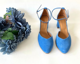 Blue Leather Shoes, Handmade Women's Pumps, Wedding Pointed Toe Shoes, Ankle Strap Pumps For Women, Adorable Light Blue Suede Block Heels