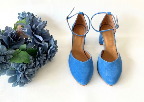 Blue Leather Shoes, Handmade Women's Pumps, Wedding Pointed Toe Shoes, Ankle Strap Pumps For Women, Adorable Light Blue Suede Block Heels