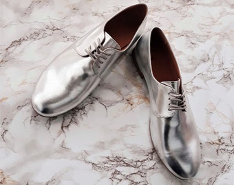 Silver Oxford Shoes For Women, Stylish Metallic Vegan Leather Oxfords, Comfort Soft Shoes, Birthday Shoes, Wedding Shoes For Bride Flats