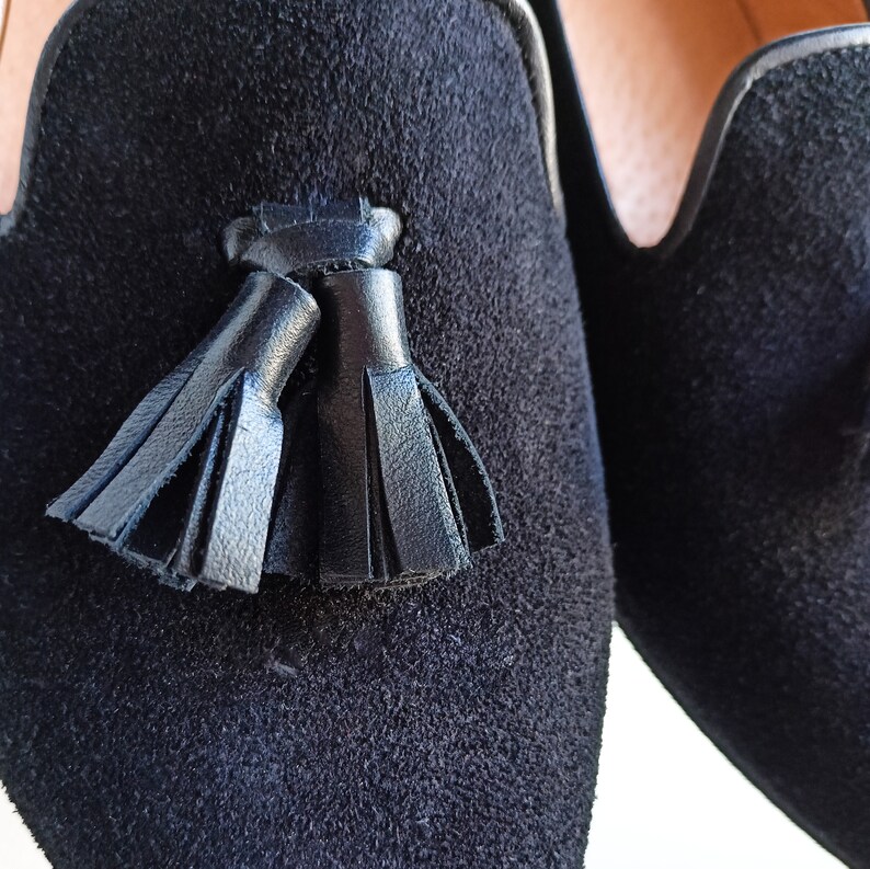 Women's Loafers, Black Suede Tassel Moccasins, Almond-toe Slip-ons, Casual Low Heeled Shoes, Stylish Everyday Woman, Formal Business Shoes image 6