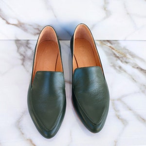 Women&#39;s Leather Moccasins, Low Heel Shoes, Smooth Green Leather Loafers, Modernly Designed Slip-Ons, Contemporary Style, Pointy Toe Shoes
