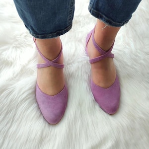 Women&#39;s Lilac Closed Wrap Sandal, Lavender Heels For Bride, Violet Suede Women Bridal Shoes, Mid Block Heels, Cross Front Ankle Closure