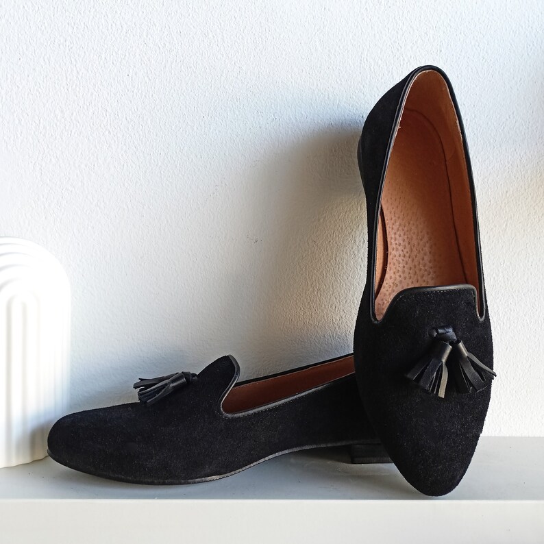 Women's Loafers, Black Suede Tassel Moccasins, Almond-toe Slip-ons, Casual Low Heeled Shoes, Stylish Everyday Woman, Formal Business Shoes image 3