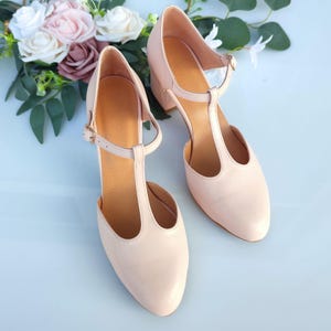 Sophisticated Pink Leather T-Strap Block Heel Wedding Shoes, Bridal Shoes for Weddings, Ageless Closed-toe Ballerina Pumps, Stylish Comfort