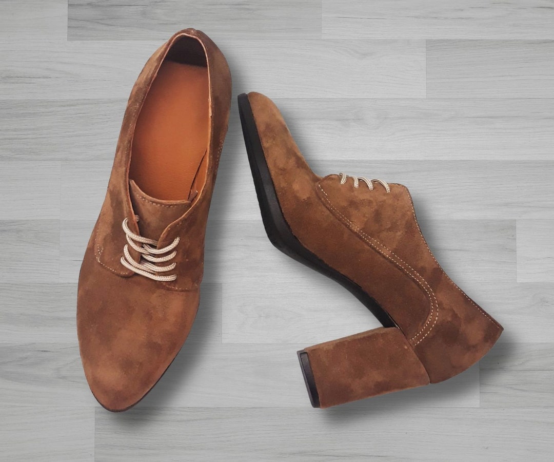 Medium Brown Suede Oxford Shoes With 7 Cm Heel, Oxford Women Ankle
