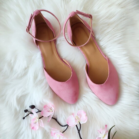 Dusty Rose Women s Wedding Shoes Blush Suede Flats for Bride Ballerinas Shoes With Ankle Strap Pointy Toe Shoe Bride s Closed toe Sandal Etsy