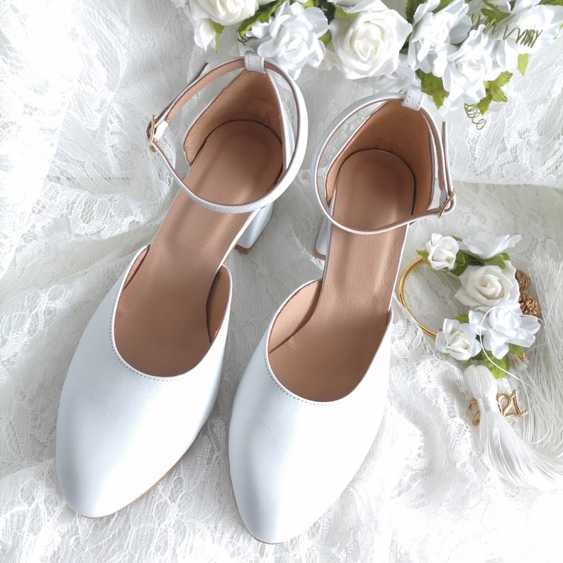 Low Block Heel Wedding Shoes, White Leather Pumps, Closed Toe Heels, Bridal Shoes, Ankle Wrap Heels, Wedding Pumps, Shoes Women Leather image 7