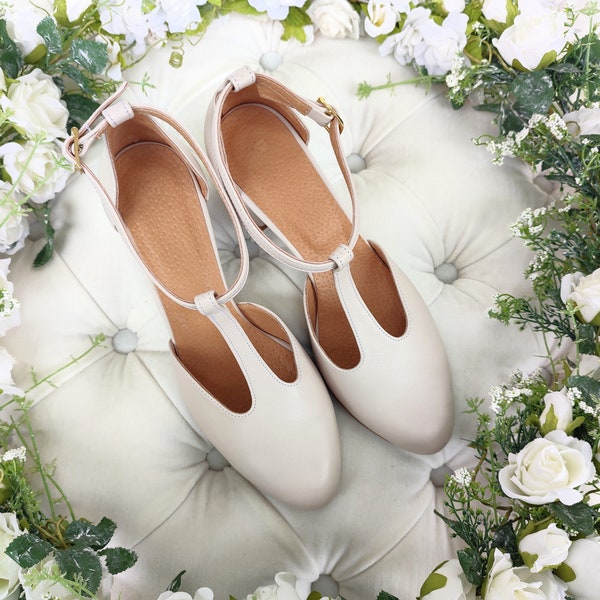 Retro-chic Wedding Shoes, Creamy Leather Ballet Pumps, T-Strap Block Heels, Ankle Wrap Closure, Women's Closed-toe Sandals, Bridal Ceremony