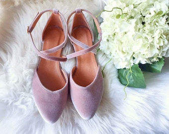 Pale Pink Velvet Women's Wedding Shoes, Cross-front Ankle Closure Flats for Bride, Pointy Ballets, Blush Bridal Pumps, Romantic Ceremony