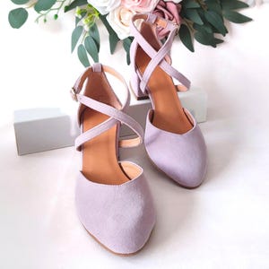 Dusty Lilac Suede Wedding Pumps, Handmade Leather Shoes, Bridal Block Heels, Ankle Strap Cross Front Heels, Fairytale Wedding Party Shoes