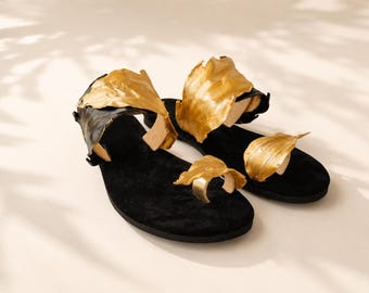 Gold Leaf Strap Sandals, Handmade Rhinestone Toe Ring Thongs, Black Suede Greek Leather Flats, Boho Resort Statement Shoes