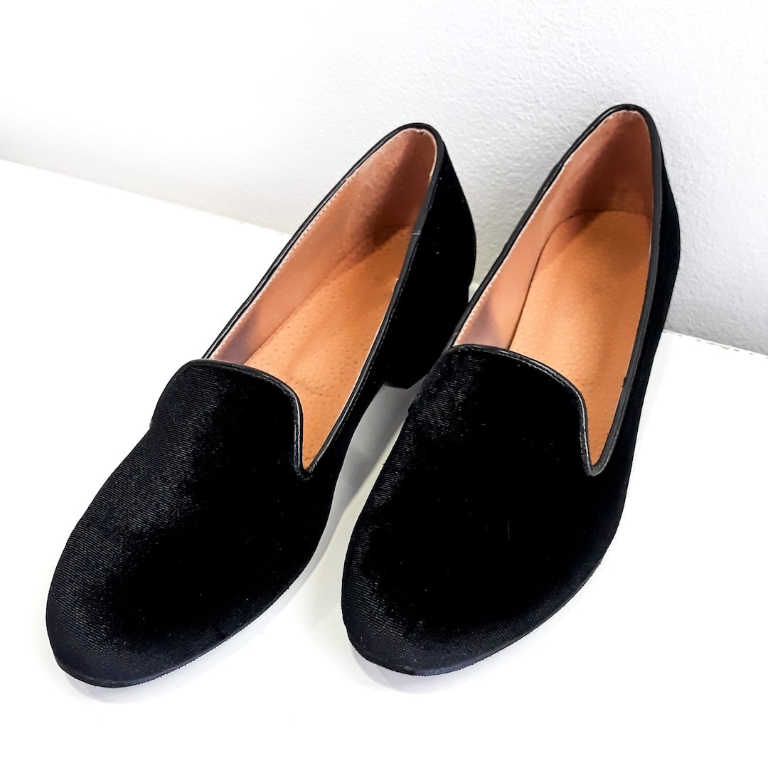 Ladies Velvet Loafers, Elegant Slip-on Shoes, Rounded Toe, Total Black ...