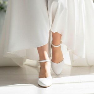 White Bridal Shoes, Wedding Pumps Low Heels, Bridesmaid Shoes, Wedding Flats, Pointy Toe Women Wedding Shoes, Ankle Wrap Blanco Leather Shoe image 3