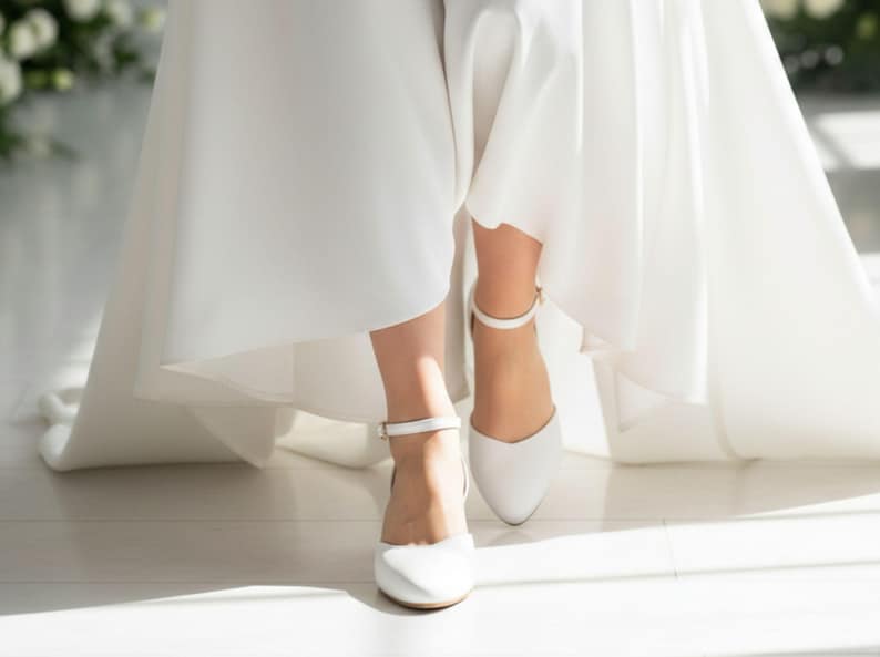 White Bridal Shoes, Wedding Pumps Low Heels, Bridesmaid Shoes, Wedding Flats, Pointy Toe Women Wedding Shoes, Ankle Wrap Blanco Leather Shoe image 3